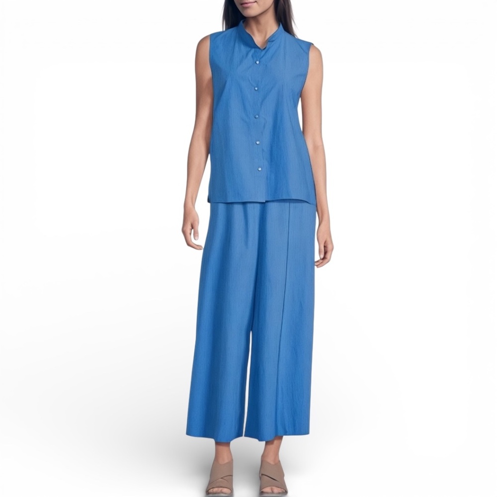 Eileen Fisher Blue Sleeveless Button-Front Top (XL) with Wide-Leg Pants (M)
